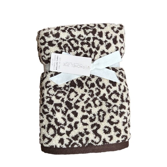 Rachel Zoe Leopard Hand Towels Cheetah Animal Print Tan Brown 100% Cotton 2 Pc - Picture 5 of 5